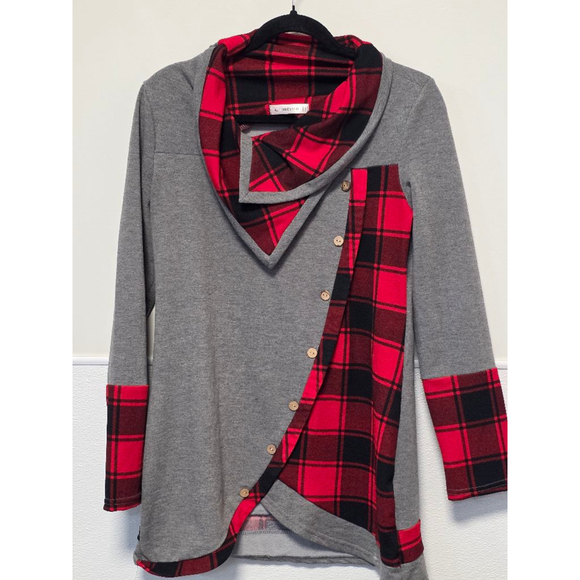Women's DRESSFO‎ Top Gray & Red Plaid size 10 - Picture 1 of 6